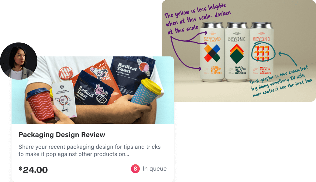 A Back n Forth app screenshot collage showing what what a packaging design engagement and submission could look like.
